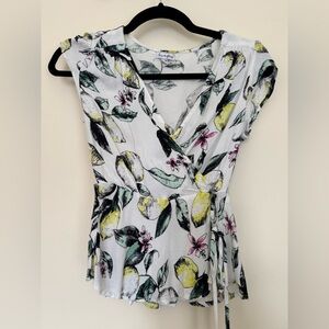 Love fire Lemon Print Wrap Blouse - White and Yellow